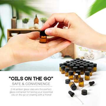 Teenitor Oil Bottles for Essential Oils, 36 Pcs 2 ml (5/8 Dram) Amber Glass Vials Bottles, with Orifice Reducers and Black Caps, with 2 Free Glass Transfer Eye Droppers