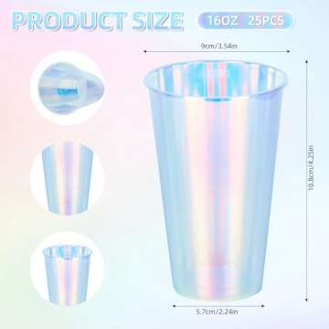 AimFun 25 Iridescent Plastic Cups Holographic Clear Party Cups 16oz Rainbow Disposable Cups for Bach...