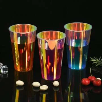 AimFun 25 Iridescent Plastic Cups Holographic Clear Party Cups 16oz Rainbow Disposable Cups for Bachelorette Birthday Wedding Mermaid Party Beverage Drinkware Supplies (25, 16oz)