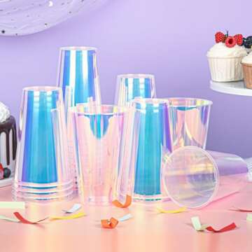 AimFun 25 Iridescent Plastic Cups Holographic Clear Party Cups 16oz Rainbow Disposable Cups for Bachelorette Birthday Wedding Mermaid Party Beverage Drinkware Supplies (25, 16oz)