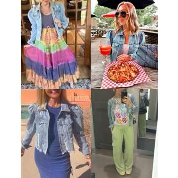 Omoone Women's Ripped Puff Sleeve Denim Crop Top Long-Sleeve Cropped Jean Jacket(1676-Blue-L)