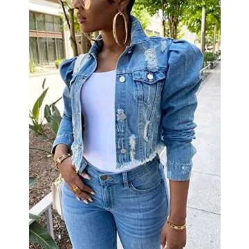 Omoone Women's Ripped Puff Sleeve Denim Crop Top Long-Sleeve Cropped Jean Jacket(1676-Blue-L)