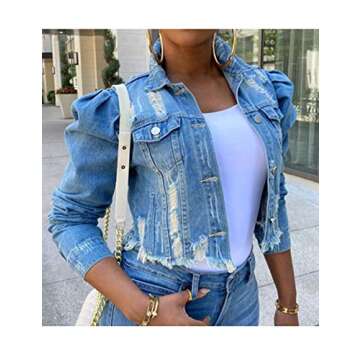 Omoone Women's Ripped Puff Sleeve Denim Crop Top Long-Sleeve Cropped Jean Jacket(1676-Blue-L)