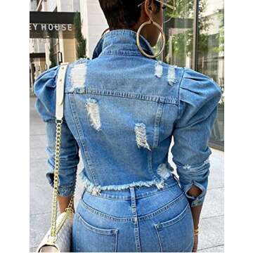 Omoone Women's Ripped Puff Sleeve Denim Crop Top Long-Sleeve Cropped Jean Jacket(1676-Blue-L)