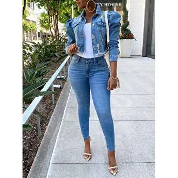 Omoone Women's Ripped Puff Sleeve Denim Crop Top Long-Sleeve Cropped Jean Jacket(1676-Blue-L)