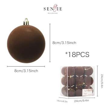 Senjie 18pcs Velvet Ornaments Balls for Christmas Tree, Brown 3.15 inch Shatterproof Flocked Christm...
