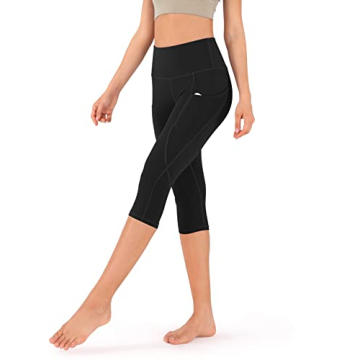 ODODOS Women's High Waisted Yoga Capris with Pockets,Tummy Control Non See Through Workout Sports Running Capri Leggings, Black,X-Large