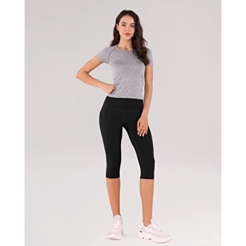ODODOS Women's High Waisted Yoga Capris with Pockets,Tummy Control Non See Through Workout Sports Running Capri Leggings, Black,X-Large