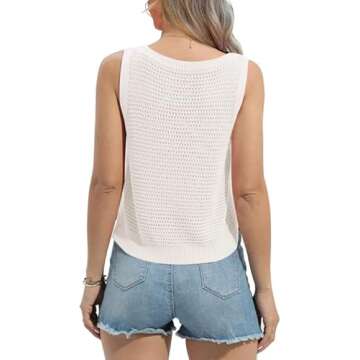 FISACE Womens Summer Knit Sweater Tank Tops Round Neck Crochet Hollow Out Sleeveless Casual Crop Shi...