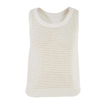 FISACE Womens Summer Knit Sweater Tank Tops Round Neck Crochet Hollow Out Sleeveless Casual Crop Shirt White