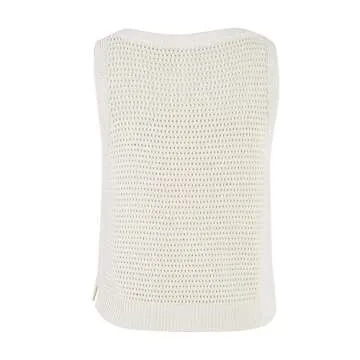 FISACE Womens Summer Knit Sweater Tank Tops Round Neck Crochet Hollow Out Sleeveless Casual Crop Shirt White