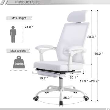 Qulomvs Mesh Ergonomic Office Chair with Footrest Home Office Desk Chair with Headrest and Backrest 90-135 Adjustable Computer Desk Chair with Wheels 360 Swivel Task Chair(Pure White)