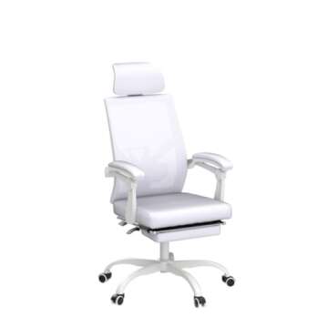 Qulomvs Mesh Ergonomic Office Chair with Footrest Home Office Desk Chair with Headrest and Backrest 90-135 Adjustable Computer Desk Chair with Wheels 360 Swivel Task Chair(Pure White)
