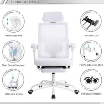 Qulomvs Mesh Ergonomic Office Chair with Footrest Home Office Desk Chair with Headrest and Backrest 90-135 Adjustable Computer Desk Chair with Wheels 360 Swivel Task Chair(Pure White)