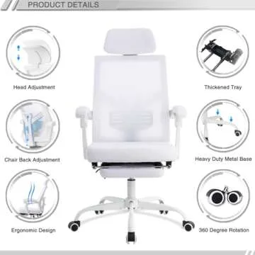 Qulomvs Mesh Ergonomic Office Chair with Footrest Home Office Desk Chair with Headrest and Backrest 90-135 Adjustable Computer Desk Chair with Wheels 360 Swivel Task Chair(Pure White)