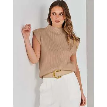 ANRABESS Women's Mock Neck Sleeveless Sweater Vest Casual Cap Sleeve Knit Pullover Tank Tops 2024 Fall Summer Clothes Khaki-S