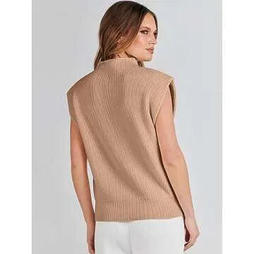 ANRABESS Women's Mock Neck Sleeveless Sweater Vest Casual Cap Sleeve Knit Pullover Tank Tops 2024 Fall Summer Clothes Khaki-S