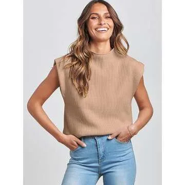 ANRABESS Women's Mock Neck Sleeveless Sweater Vest Casual Cap Sleeve Knit Pullover Tank Tops 2024 Fall Summer Clothes Khaki-S