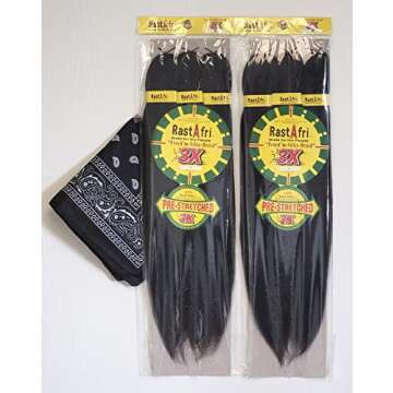 RastAfri Pre-Stretched Silky Braiding Hair 3X with Bandana - 2 Packs (#1B)
