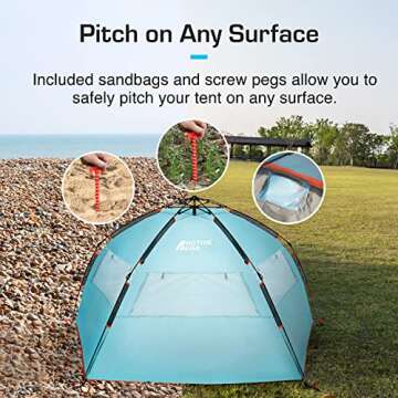 Active Era Premium Beach Tent - Large Portable 4 Person Beach Shade Tent with Easy Setup – Sun Shelter with UPF 50+ Rated Sun Protection & Extended Porch - Beach Shade Canopy and Sun Tents for Beach