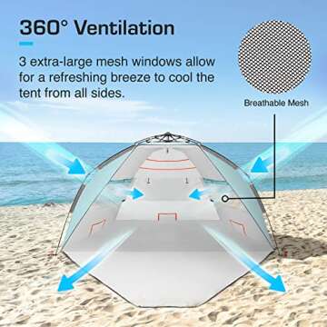 Active Era Premium Beach Tent - Large Portable 4 Person Beach Shade Tent with Easy Setup – Sun Shelter with UPF 50+ Rated Sun Protection & Extended Porch - Beach Shade Canopy and Sun Tents for Beach