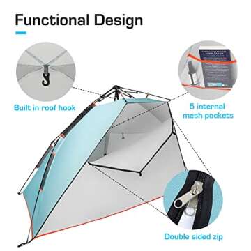 Active Era Premium Beach Tent - Large Portable 4 Person Beach Shade Tent with Easy Setup – Sun Shelter with UPF 50+ Rated Sun Protection & Extended Porch - Beach Shade Canopy and Sun Tents for Beach