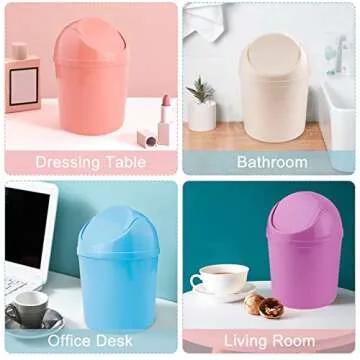 SITAKE 2 Pcs Plastic Mini Wastebasket Trash Can with Swing Lid with 120 Trash Bags, Tiny Desktop Waste Garbage Bin for Home, Office, Kitchen, Vanity Tabletop, Bedroom, Bathroom (Blue + Purple)