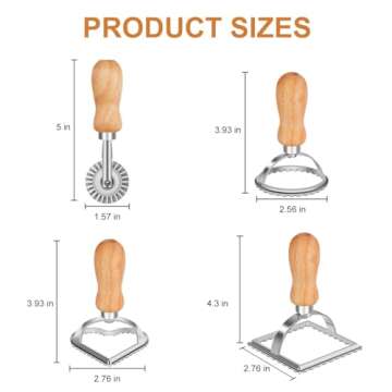 TACGEA Ravioli Stamp Maker Cutter with Roller Wheel (Set of 4), Wooden Handle and Fluted Edge, for Ravioli, Pasta, Dumplings Lasagna, Pierogi