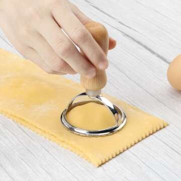 TACGEA Ravioli Stamp Maker Cutter with Roller Wheel (Set of 4), Wooden Handle and Fluted Edge, for Ravioli, Pasta, Dumplings Lasagna, Pierogi