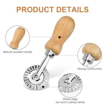 TACGEA Ravioli Stamp Maker Cutter with Roller Wheel (Set of 4), Wooden Handle and Fluted Edge, for Ravioli, Pasta, Dumplings Lasagna, Pierogi