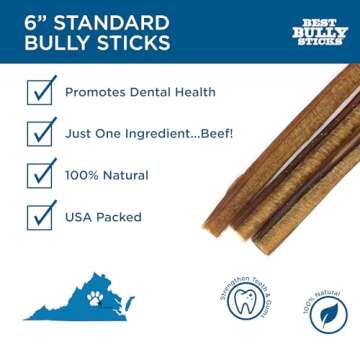 Best Bully Sticks for Dogs, 6 Inch, 8oz Pack - 100% Natural Grass-Fed Beef, Dog Bully Sticks for Medium/Large Dogs, Grain & Rawhide Free Dog Chews