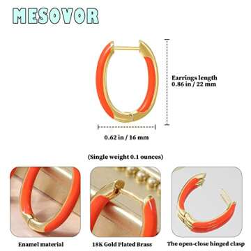 MESOVOR 18K Gold Plated Enamel Color Hoop Earrings, U-Shaped Small Lightweight Trendy Summer Colorfu...