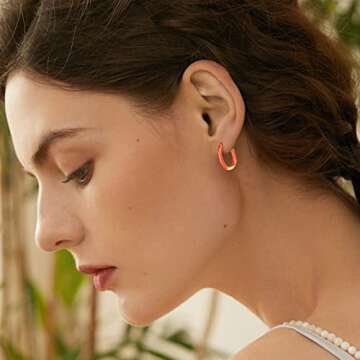 MESOVOR 18K Gold Plated Enamel Color Hoop Earrings, U-Shaped Small Lightweight Trendy Summer Colorful Earrings Gifts for Women (Orange)