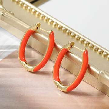 MESOVOR 18K Gold Plated Enamel Color Hoop Earrings, U-Shaped Small Lightweight Trendy Summer Colorful Earrings Gifts for Women (Orange)