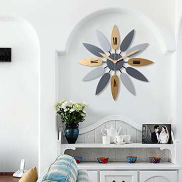 Haoun Large Decorative Wall Clock, Leave Shape Clock Silent Wall Clock Non Ticking for Living Room B...