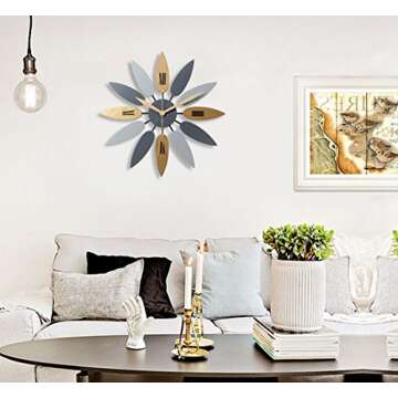 Haoun Large Decorative Wall Clock, Leave Shape Clock Silent Wall Clock Non Ticking for Living Room Bedroom Office Decor (Wood + Metal Clock)