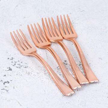BESTONZON 24PCS Disposable Fruit Forks Long Handle Pitchforks Plastic Mini Fruit Dessert Pudding Flatware Forks for Restaurant Bar Home (Rose Gold)