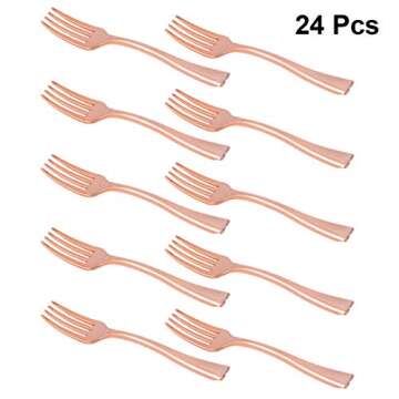 BESTONZON 24PCS Disposable Fruit Forks Long Handle Pitchforks Plastic Mini Fruit Dessert Pudding Flatware Forks for Restaurant Bar Home (Rose Gold)