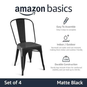 Amazon Basics Stackable Bar Stool Chair, Easy to Assemble, Sturdy, 4 Pack, 20.1" D x 17.1" W x 33.5" H, Matte Black