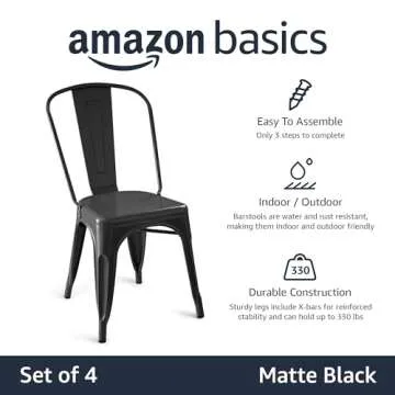 Amazon Basics Stackable Bar Stool Chair, Easy to Assemble, Sturdy, 4 Pack, 20.1" D x 17.1" W x 33.5" H, Matte Black