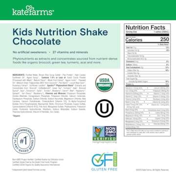 KATE FARMS Organic Kids Nutrition Shake, Chocolate, 8g of protein, 27 Vitamins and Minerals, Meal Replacement Drink, Protein Shake, Gluten Free, Non-GMO, 8.45 Fl oz (Pack of 12)