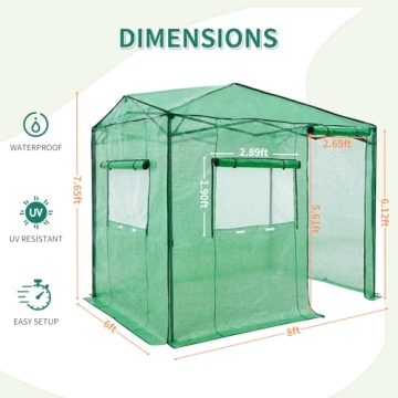 EAGLE PEAK 8x6 Portable Walk-in Greenhouse, Pop-up Indoor Outdoor Garden Green House, Zippered Door and Window, PE Cover, Green