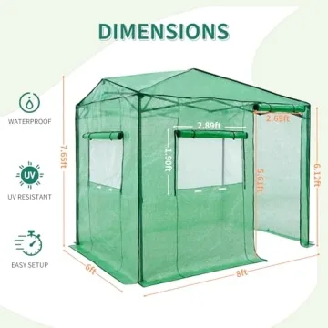 EAGLE PEAK 8x6 Portable Walk-in Greenhouse, Pop-up Indoor Outdoor Garden Green House, Zippered Door and Window, PE Cover, Green
