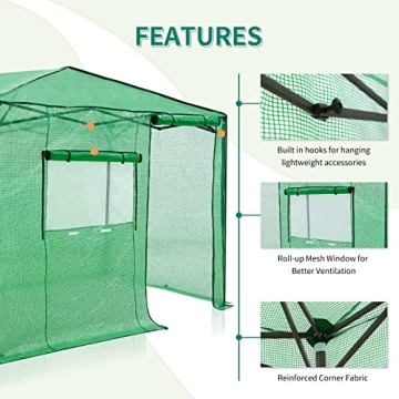 EAGLE PEAK 8x6 Portable Walk-in Greenhouse, Pop-up Indoor Outdoor Garden Green House, Zippered Door and Window, PE Cover, Green