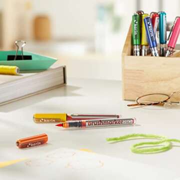 Karin Brushmarker Pro 12pc Basic Colors brush tip markers Set, Blendable, Water-Based, Professional ...