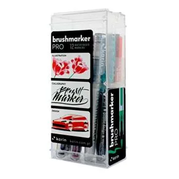 Karin Brushmarker Pro 12pc Basic Colors brush tip markers Set, Blendable, Water-Based, Professional Grade Brush Markers for Adults and Artists, 12 Basic Colors, Adult Markers for Coloring Books