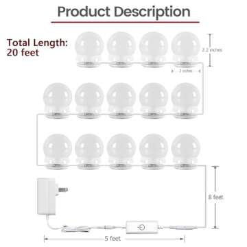 Waneway Vanity Lights for Mirror, DIY Hollywood Lighted Makeup Vanity Mirror Dimmable Lights, Stick on LED Mirror Light Kit for Vanity Set, Plug in Makeup Light for Bathroom Wall Mirror, 14-Bulb