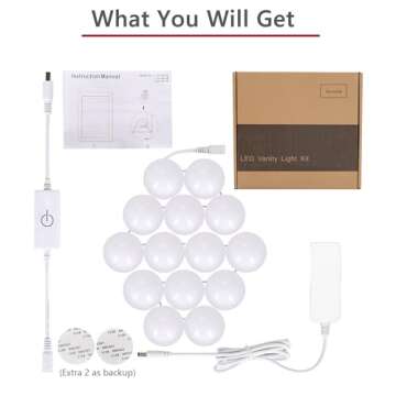 Waneway Vanity Lights for Mirror, DIY Hollywood Lighted Makeup Vanity Mirror Dimmable Lights, Stick on LED Mirror Light Kit for Vanity Set, Plug in Makeup Light for Bathroom Wall Mirror, 14-Bulb