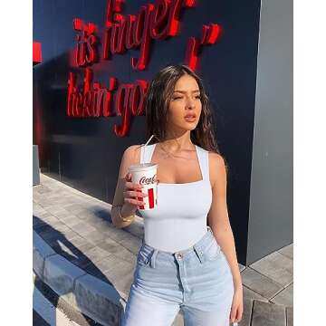 OQQ 3 Piece Bodysuits For Women Sexy Ribbed Strappy Square Neck Stretch Tank Tops Bodysuits Black Coffee White