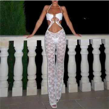 Miqil Women Sexy Lace 2 Piece Outfits Fairycore Slim Fit Y2k See Through Cami Top High Waist Mesh Pa...